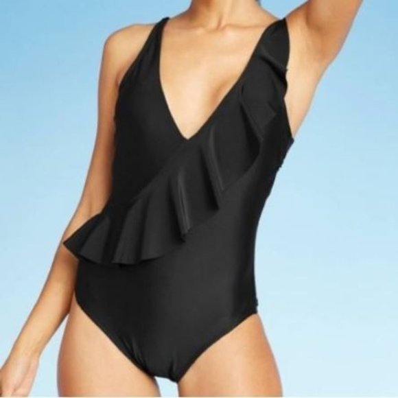 NWT Kona Sol Women's Black Asymmetrical Ruffle 1 Piece Swimsuit Size XL 1094 - Picture 5 of 11
